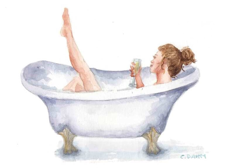 Lady relaxing in tub watercolor art